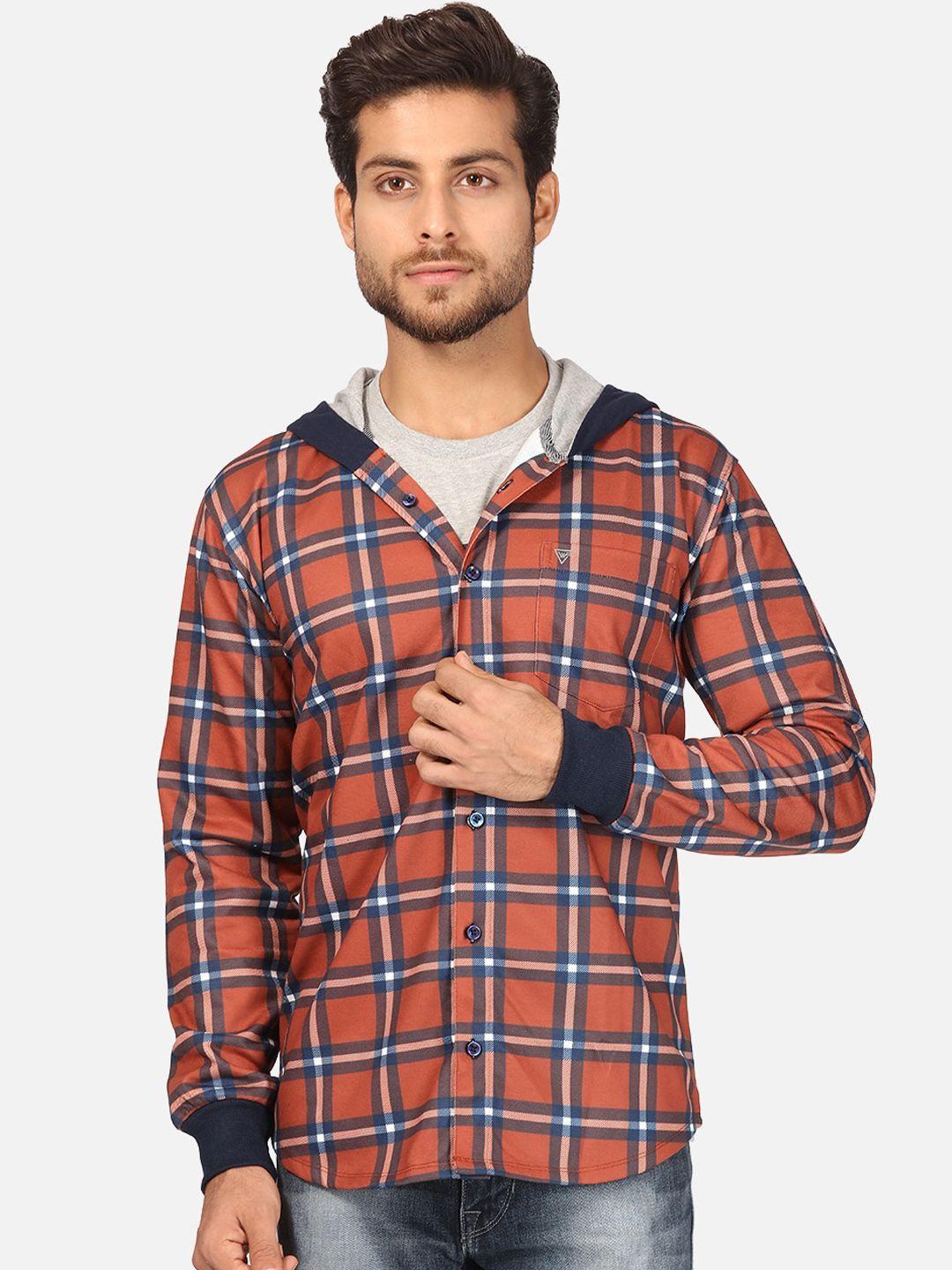 bullmer men red & navy blue opaque checked fleece hooded casual shirt