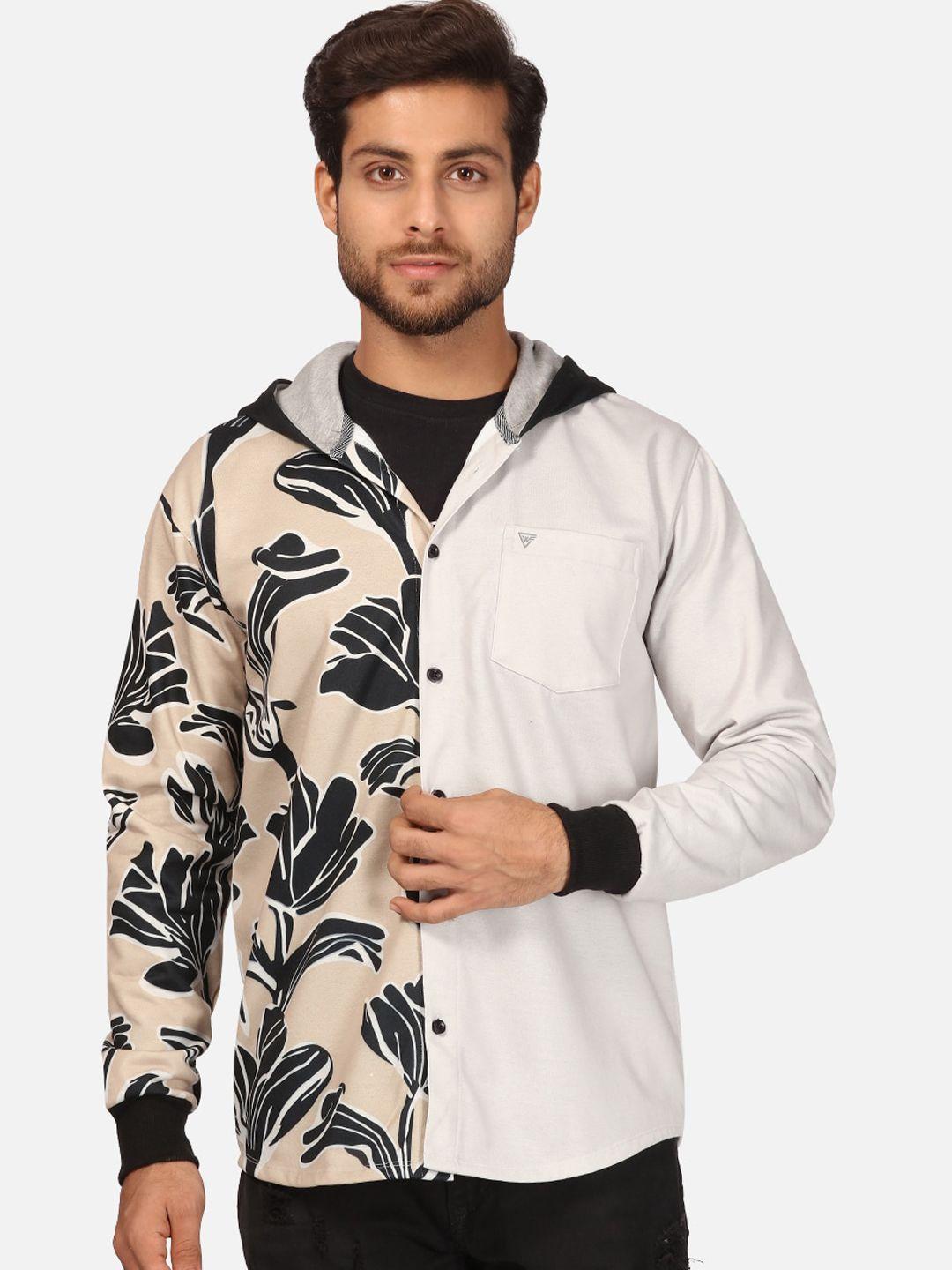 bullmer men white & beige floral opaque printed fleece hooded casual shirt