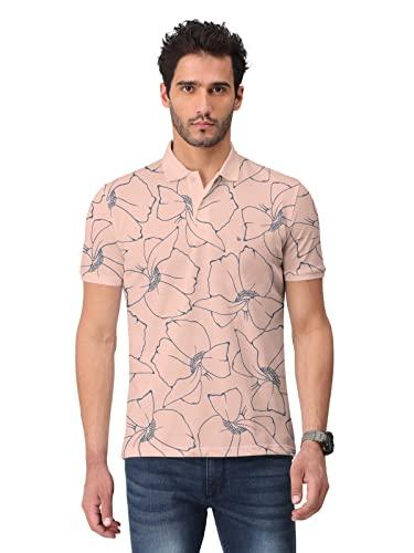 bullmer mens trendy all over printed cotton blend half sleeve polo t-shirt/peach/x-large