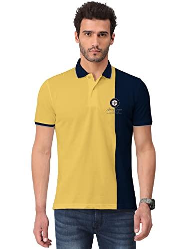 bullmer mens trendy colourblocked half sleeve polo tshirt - navy blue/mustard large