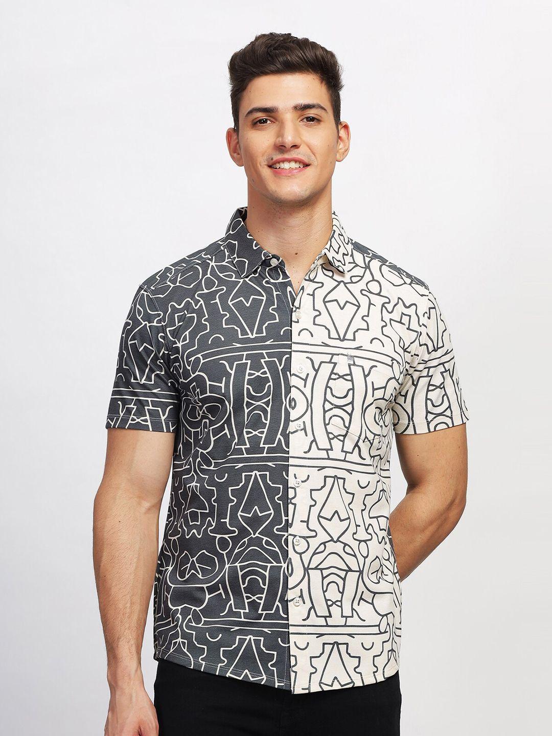 bullmer straight fit abstract printed spread collar short sleeves casual shirt