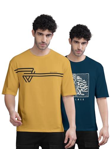 bullmer trendy front and back printed oversized round neck t-shirt for men - pack of 2 mustard/petrol blue medium