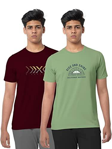 bullmer trendy typographic printed round neck half sleeve tshirts for men - pack of 2 - burgundy/jade green - medium