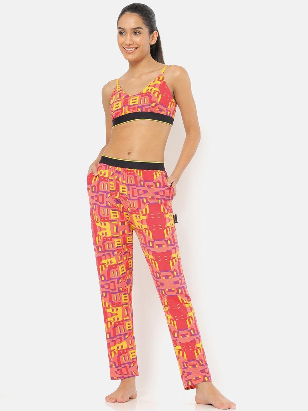 bummer women red & yellow geometric printed micro modal bricked lounge pants