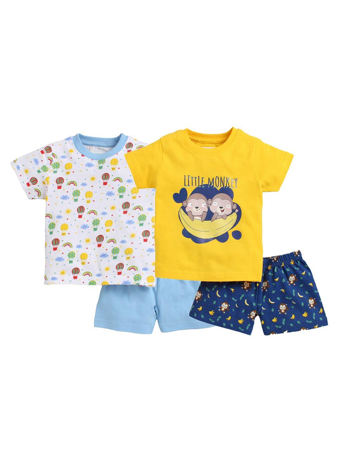 bumzee boys pack of 2 blue & yellow printed pure cotton t-shirt with shorts