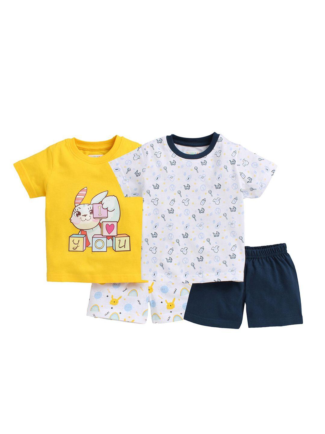 bumzee boys pack of 2 navy blue & yellow printed pure cotton t-shirt with shorts