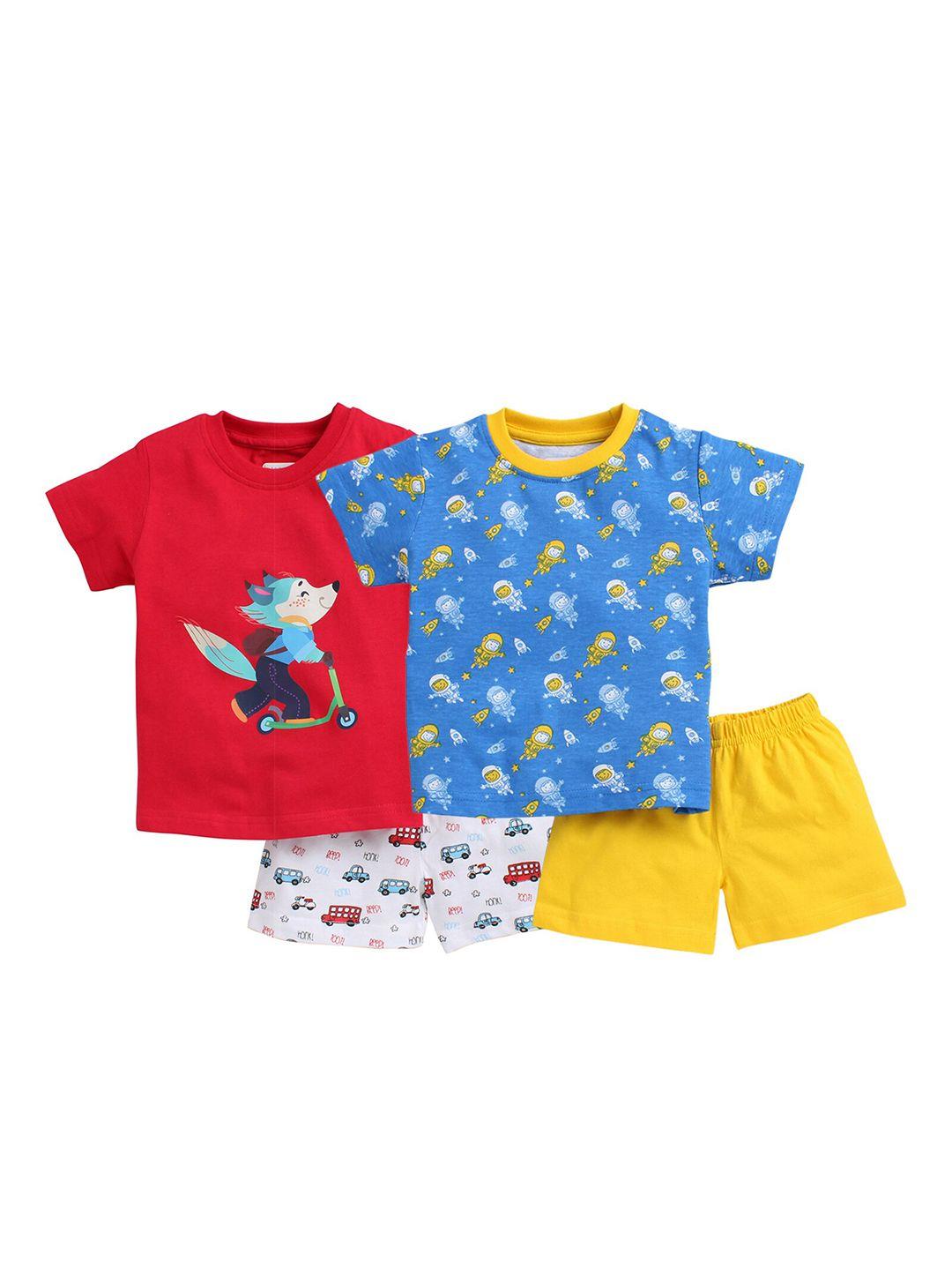 bumzee boys pack of 2 red & blue printed pure cotton -shirt with shorts