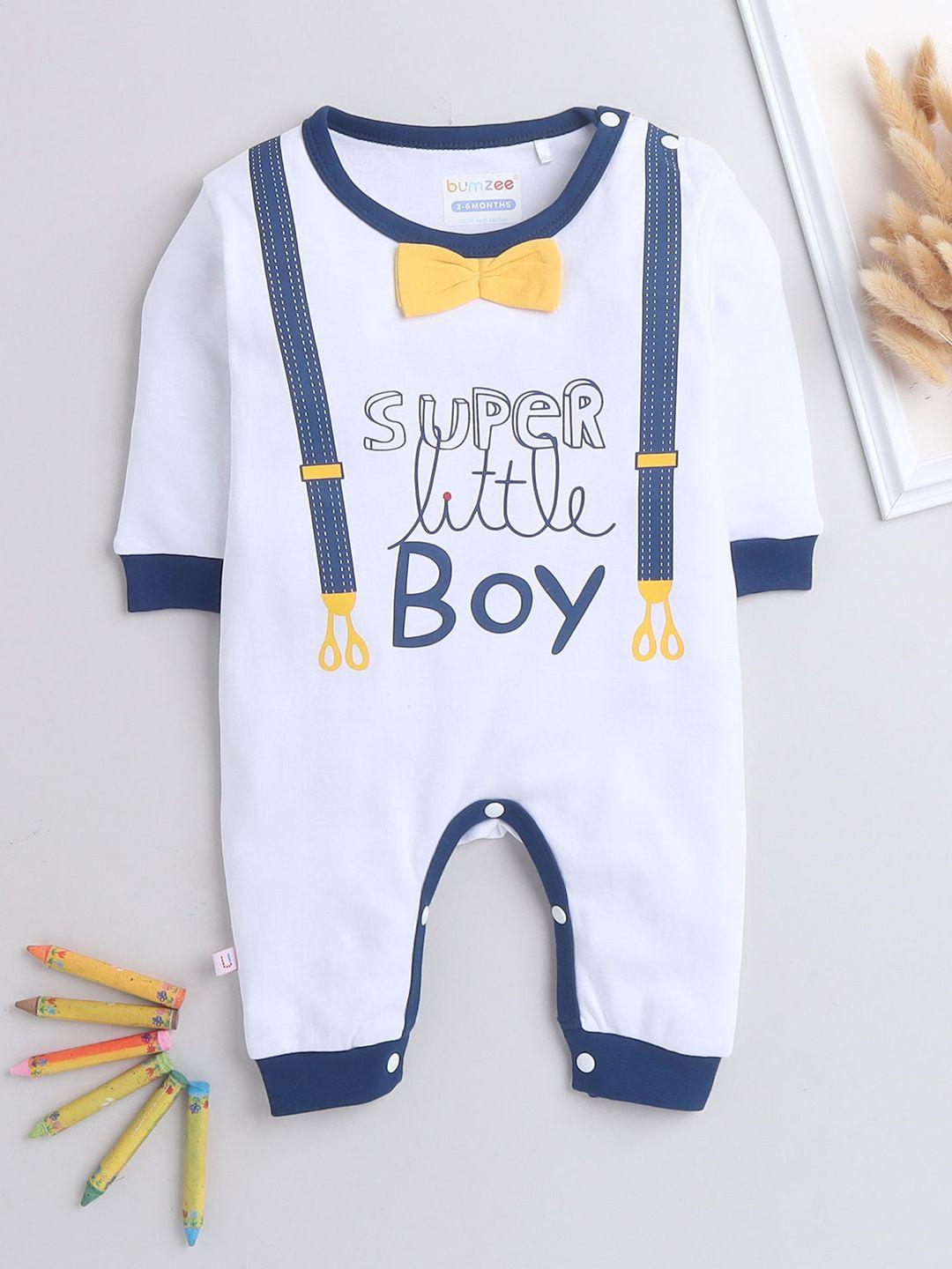 bumzee boys white & blue printed cotton round neck rompers