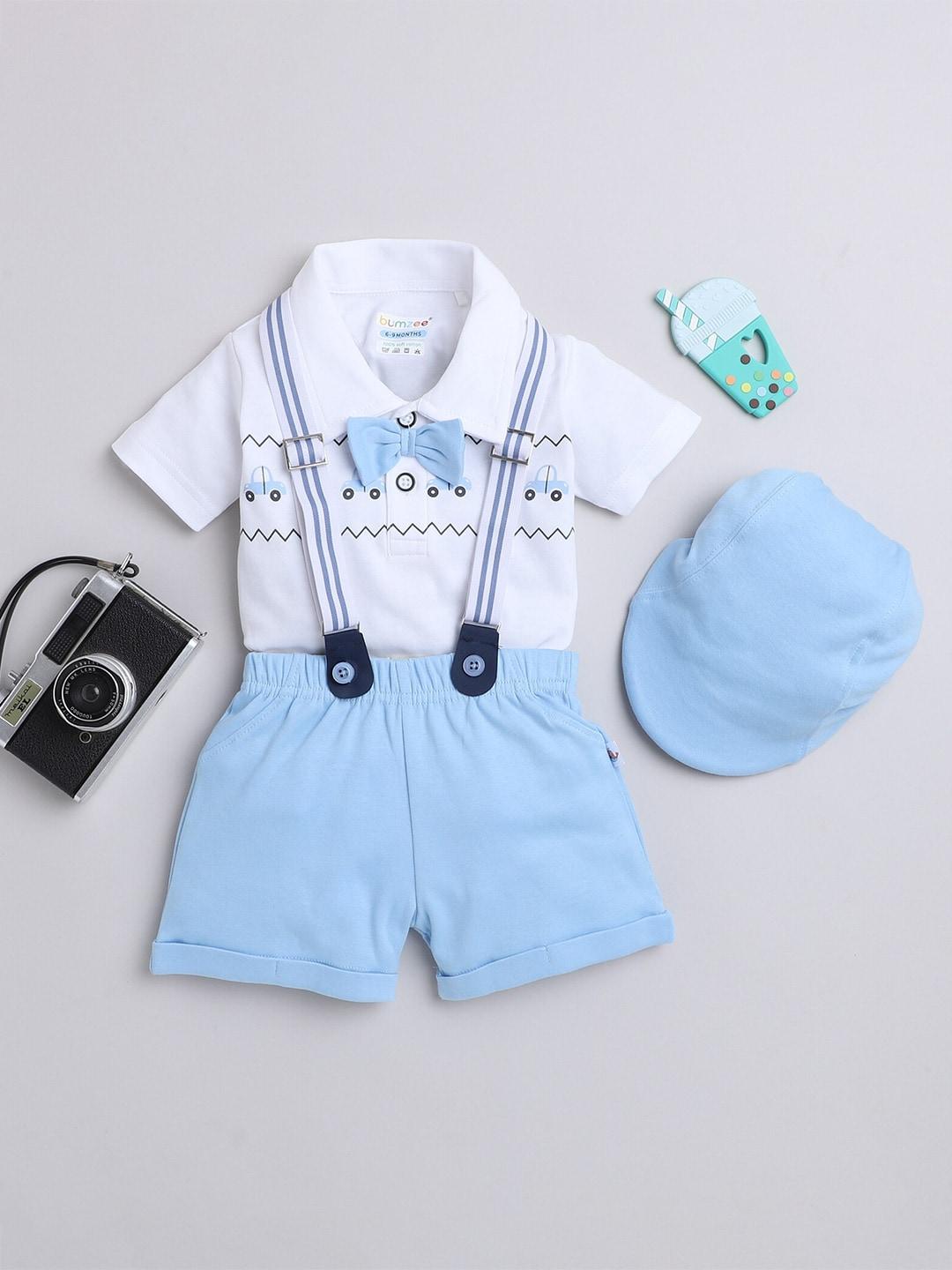 bumzee infant boys printed pure cotton leotard & shorts with bow suspender & cap