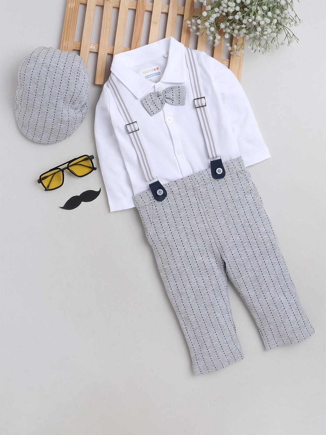 bumzee infant boys pure cotton shirt with trousers with suspender & cap