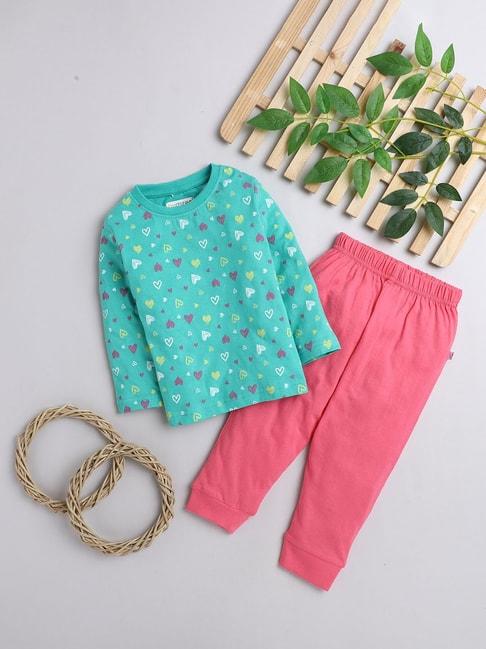 bumzee kids blue & pink printed full sleeves t-shirt with pyjamas