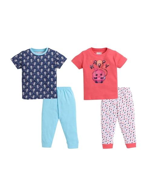 bumzee kids coral & skyblue cotton printed clothing sets