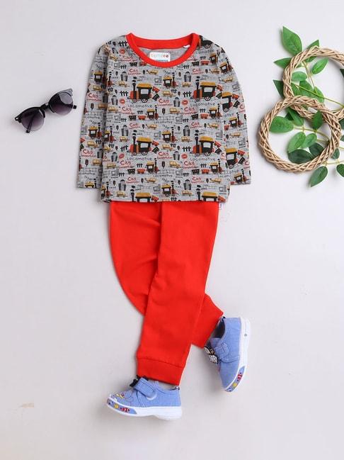 bumzee kids grey & red printed full sleeves t-shirt with pyjamas