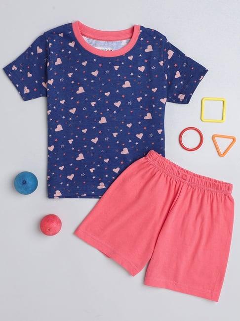 bumzee kids navy & pink printed t-shirt with shorts