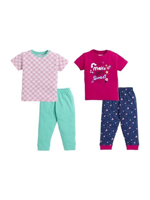 bumzee kids pink & green cotton printed clothing sets