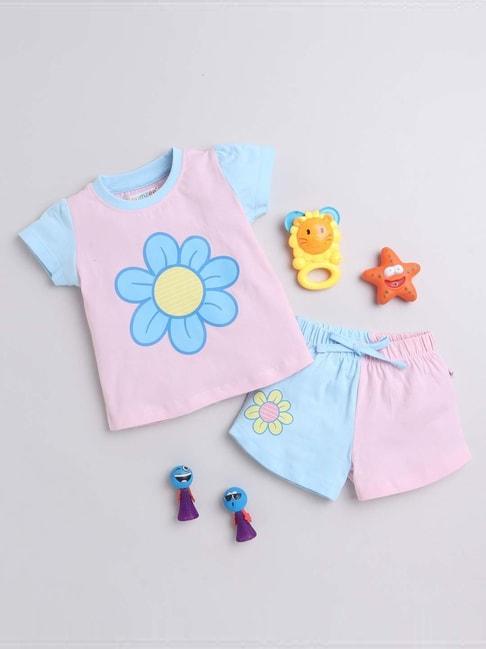 bumzee kids pink & sky blue cotton floral print t-shirt set
