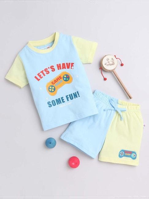bumzee kids sky blue & yellow cotton printed t-shirt set