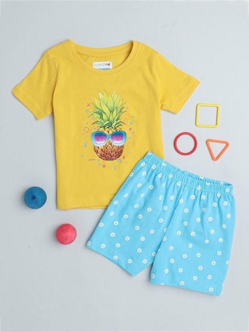 bumzee kids yellow & blue printed t-shirt with shorts