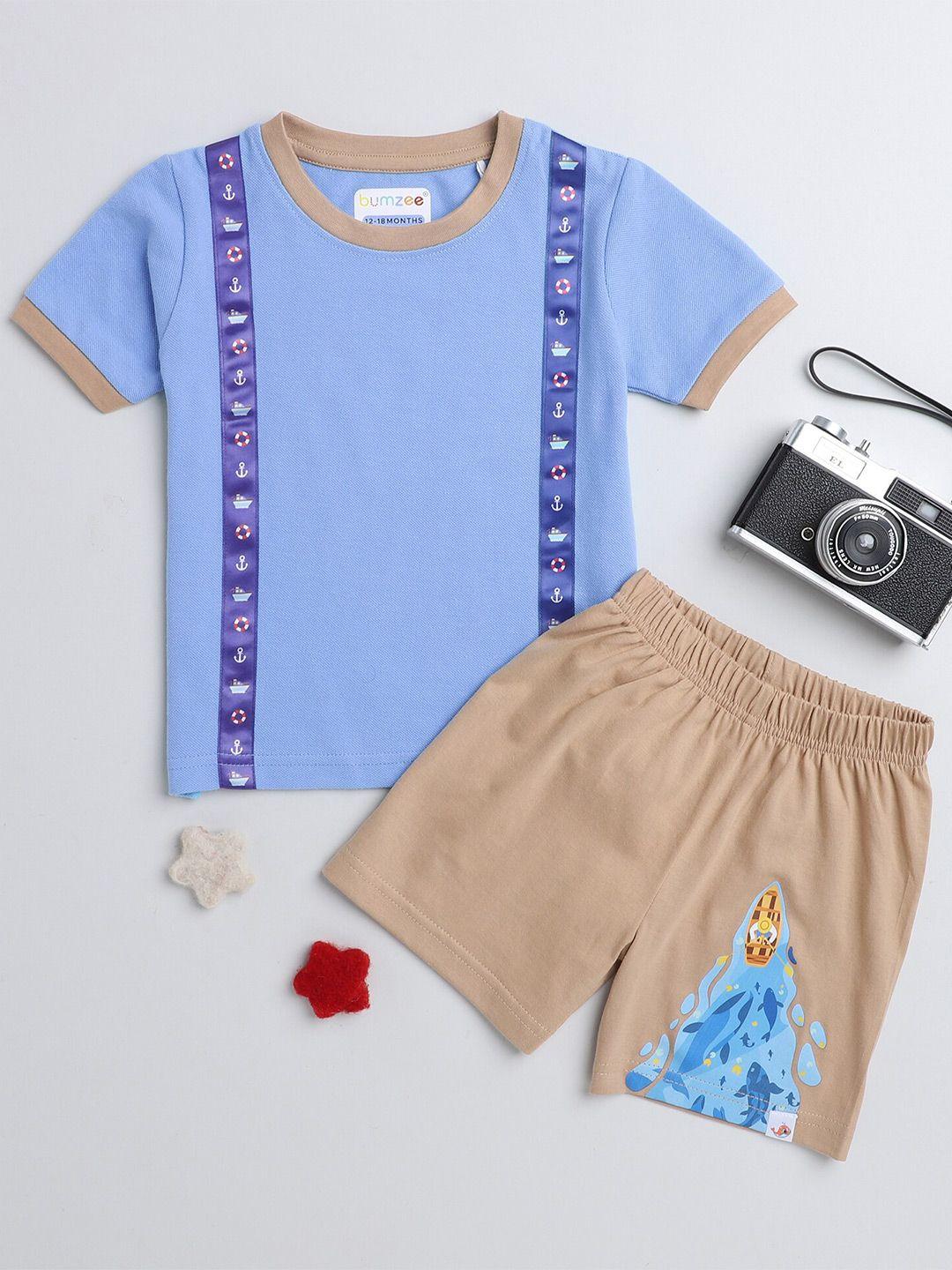 bumzee boys blue & beige printed t-shirt with shorts