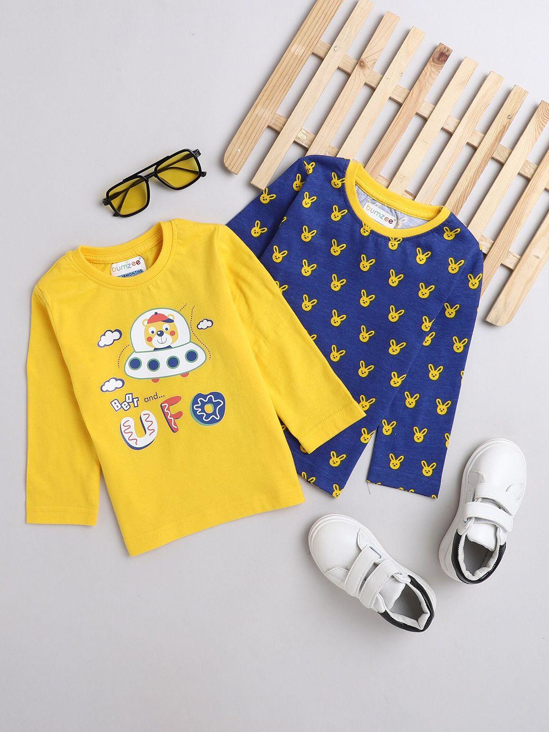 bumzee boys navy blue & yellow pack of 2 printed t-shirt