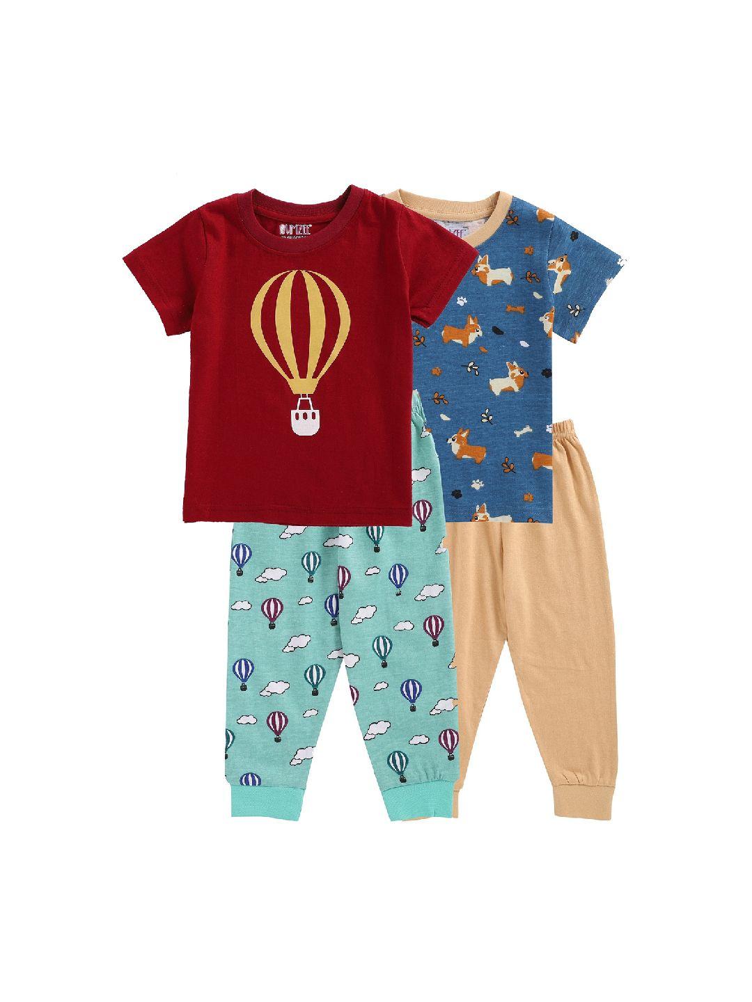 bumzee boys pack of 2 navy blue & maroon printed pure cotton night suit