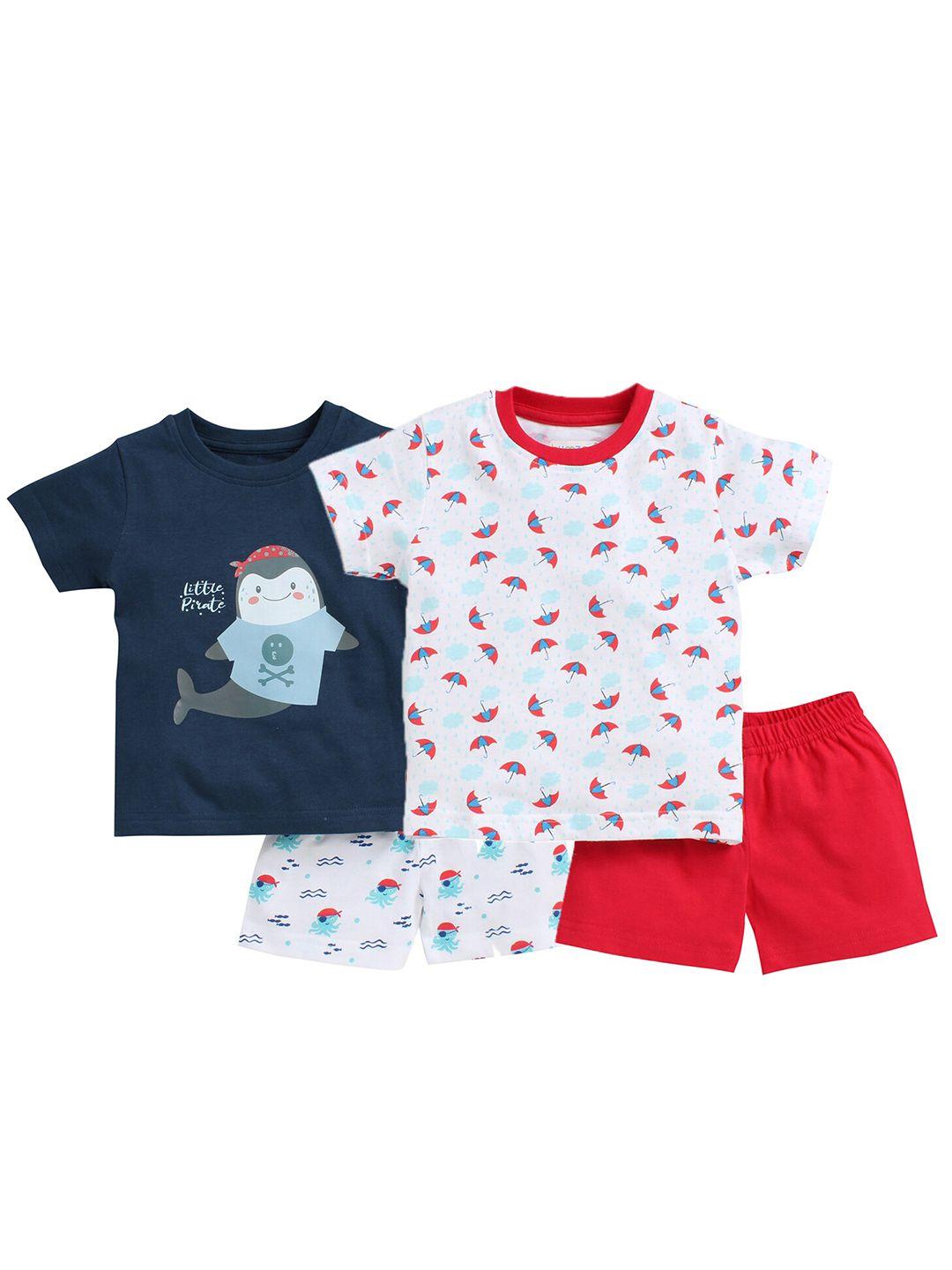 bumzee boys pack of 2 navy blue & white printed pure cotton t-shirts with shorts