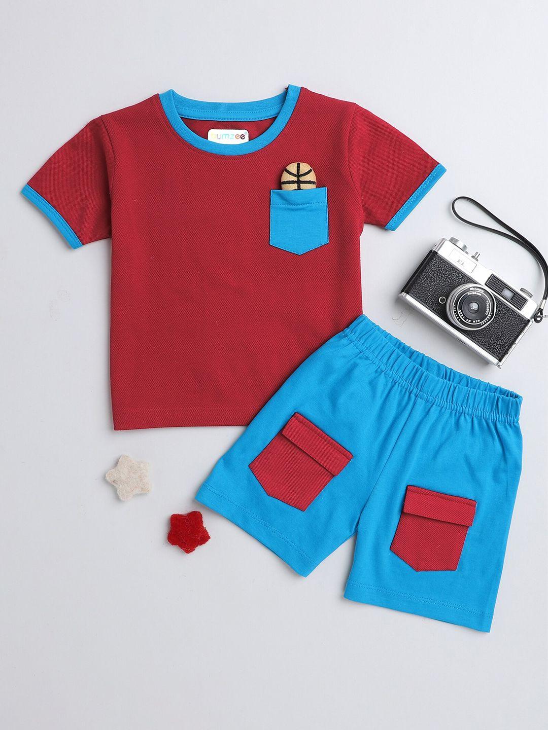 bumzee boys red & blue colourblocked t-shirt with shorts