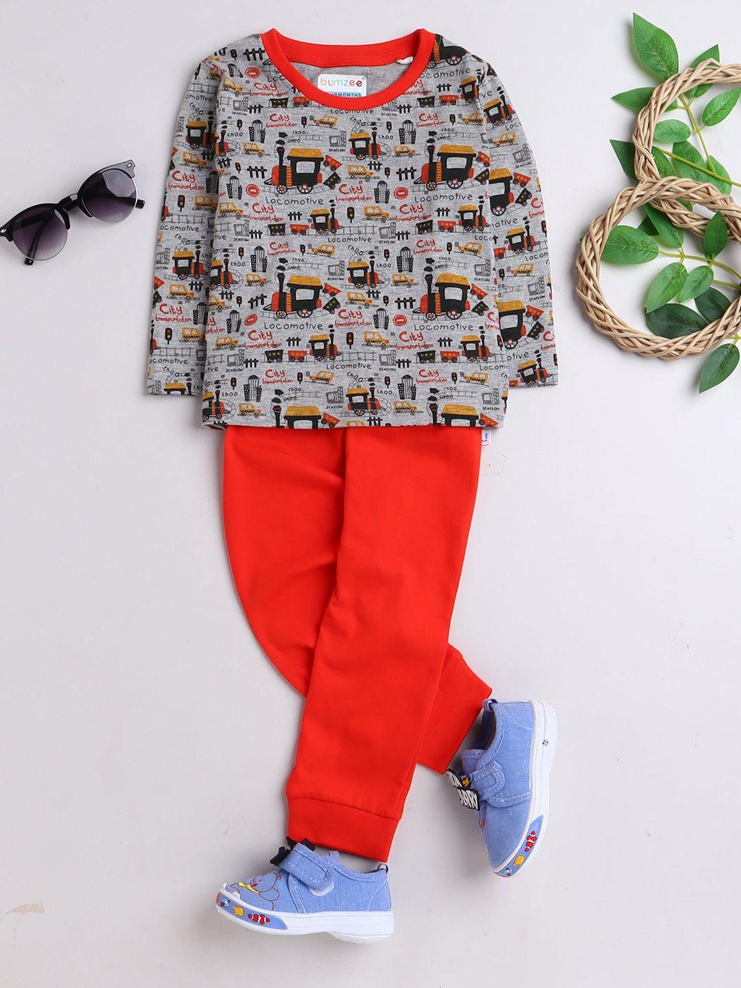 bumzee boys red & grey full sleeves t-shirt and pajama set