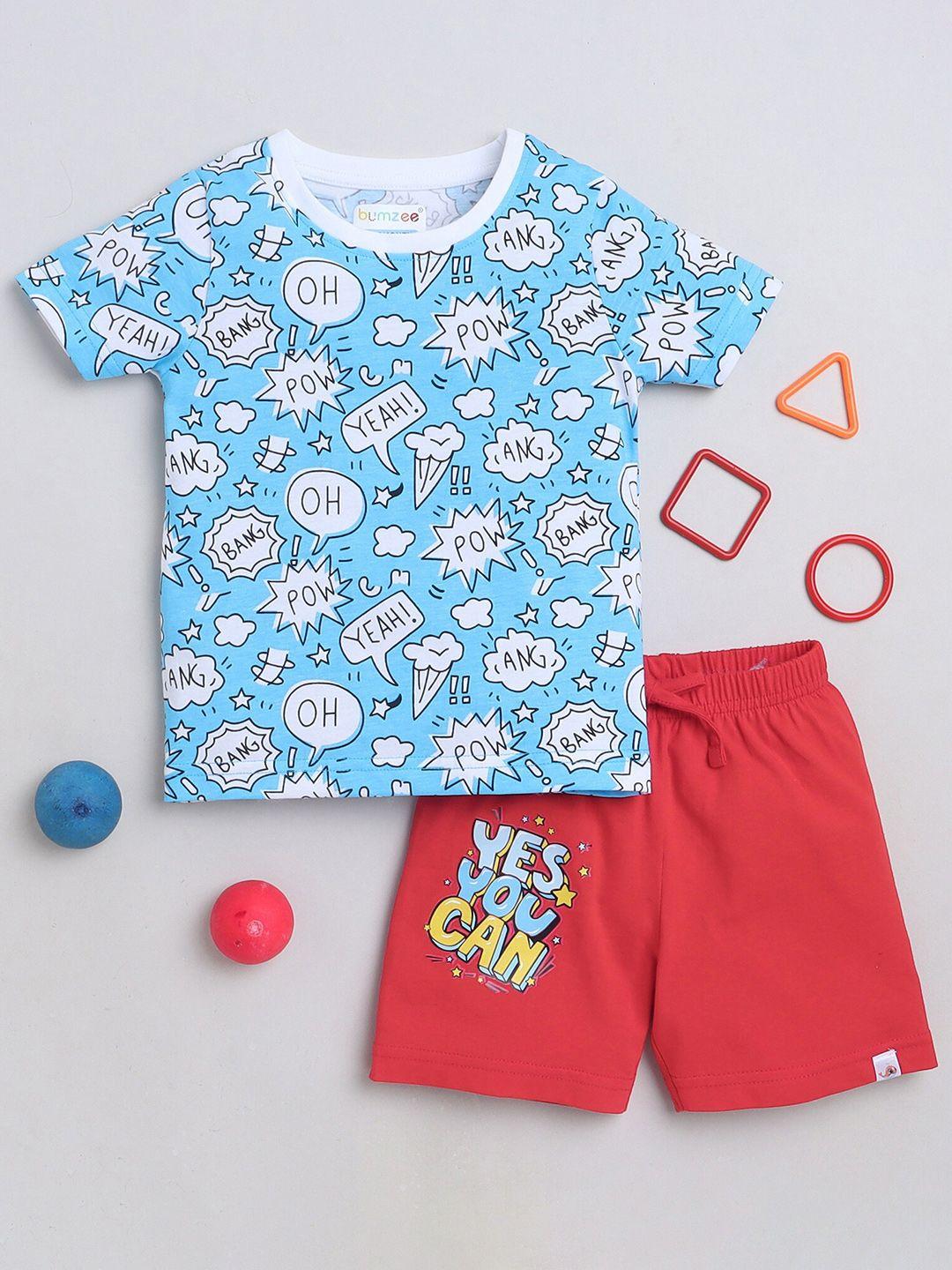 bumzee boys typography printed pure cotton t-shirt with shorts