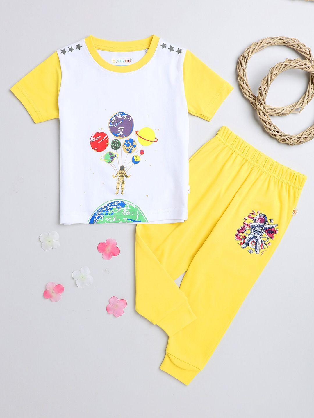 bumzee boys white & yellow printed t-shirt with pyjamas