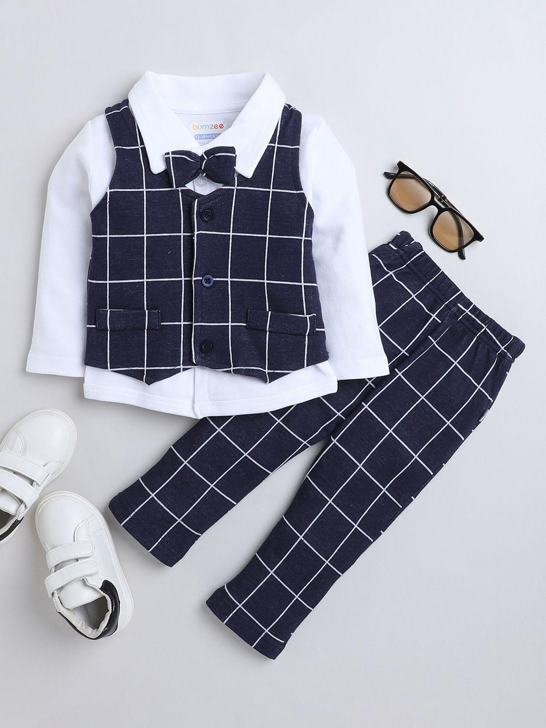 bumzee infant boys checked pure cotton shirt with trousers & waistcoat clothing set