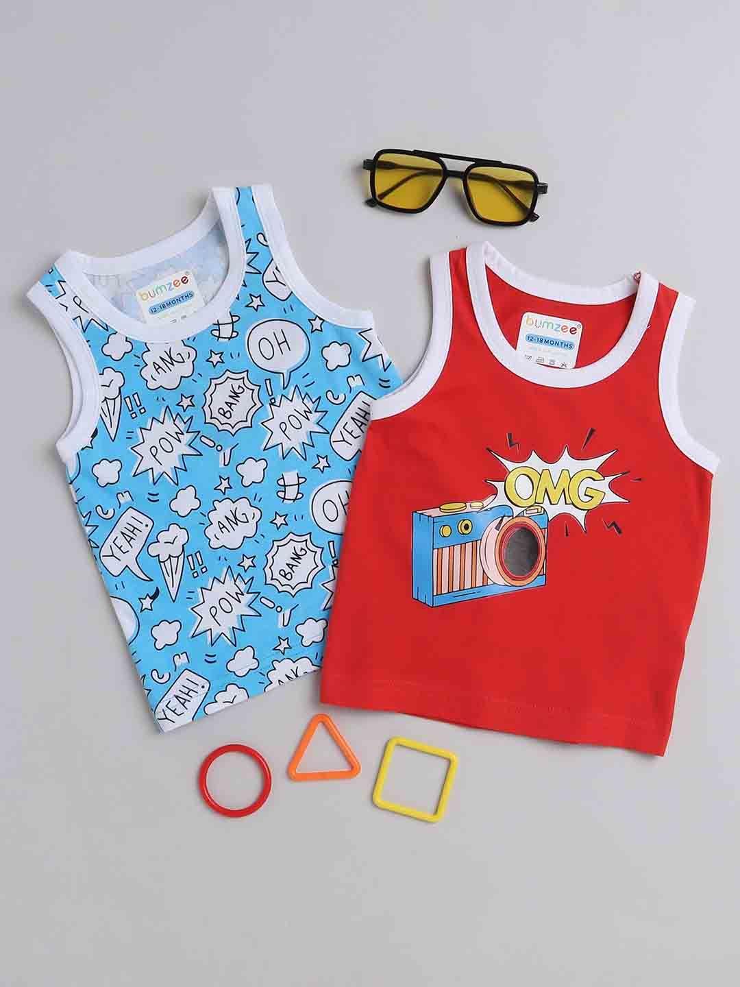 bumzee infants pack of 2 typography printed sleeveless cotton t-shirt