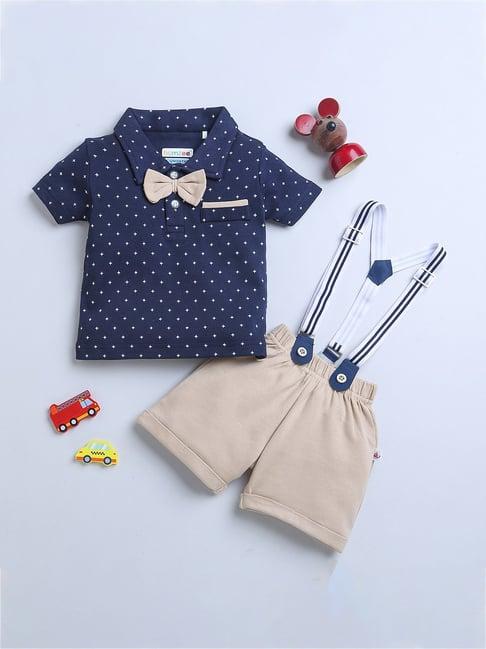 bumzee kids beige & navy printed polo t-shirt, shorts, attached suspender with bow