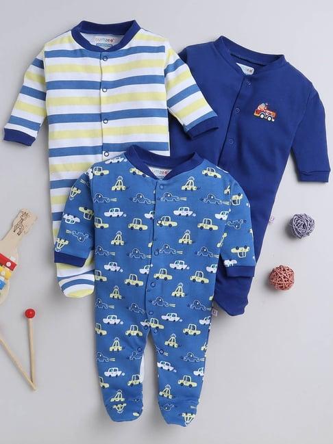 bumzee kids blue & white printed full sleeves sleepsuit (pack of 3)