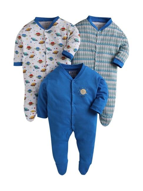 bumzee kids dark blue cotton printed sleepsuits - pack of 3