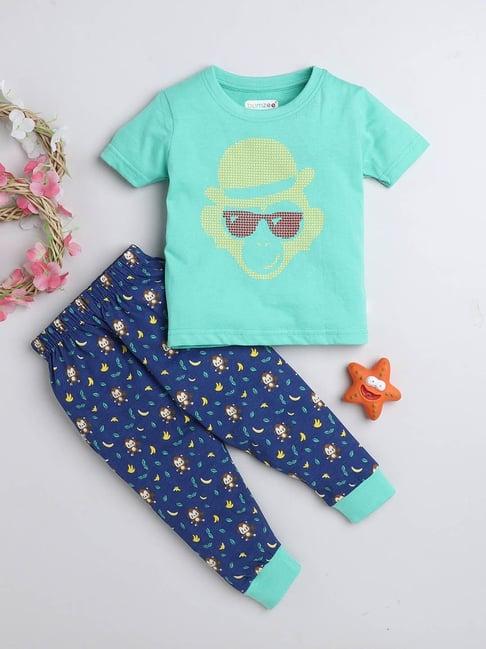 bumzee kids green & navy printed t-shirt with pyjamas