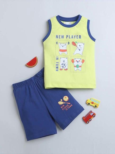 bumzee kids green & royal blue cotton printed t-shirt set