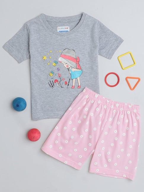 bumzee kids grey & light pink printed t-shirt with shorts