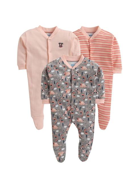 bumzee kids grey & peach printed sleepsuits (pack of 3)