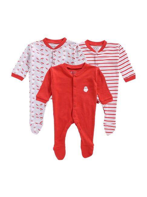 bumzee kids grey & red cotton printed rompers - pack of 3