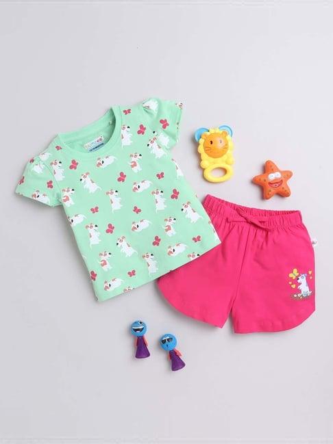 bumzee kids mint green & pink cotton printed t-shirt set