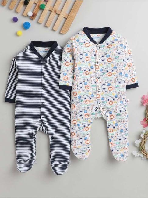 bumzee kids navy & white cotton printed full sleeves sleepsuit (pack of 2)