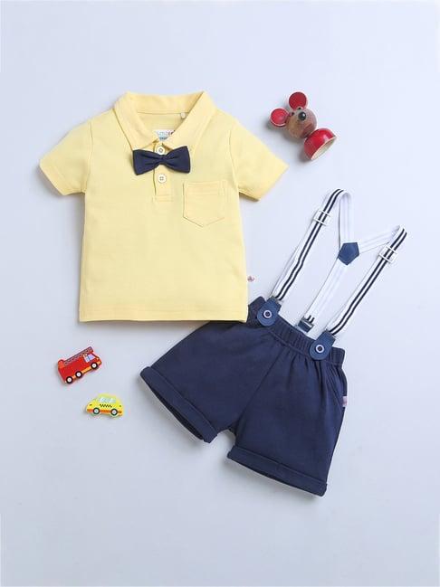 bumzee kids navy & yellow solid polo t-shirt, shorts, attached suspender with bow