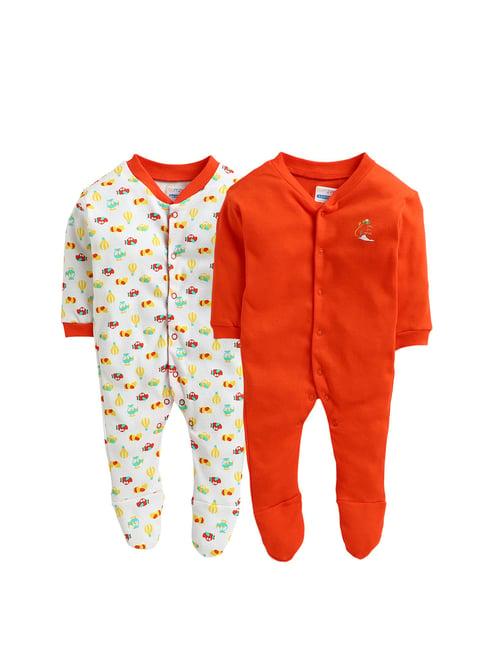 bumzee kids oranage & off -white printed sleepsuits (pack of 2)