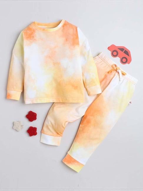 bumzee kids orange & white cotton printed full sleeves t-shirt set