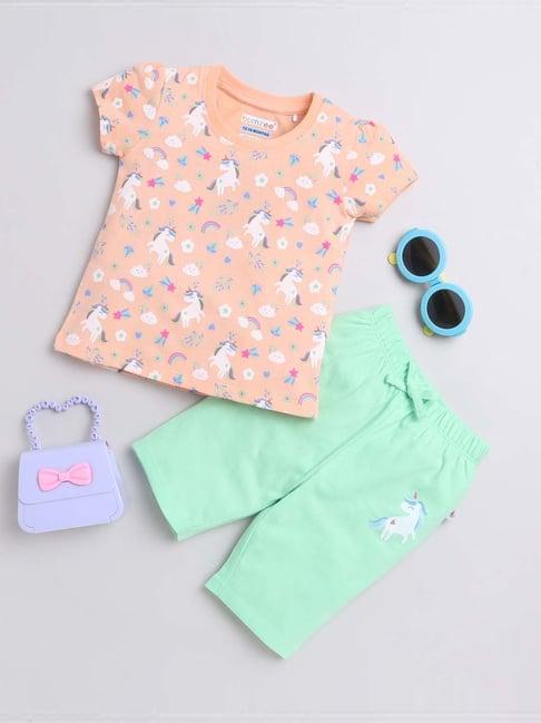 bumzee kids peach & mint green cotton printed t-shirt set