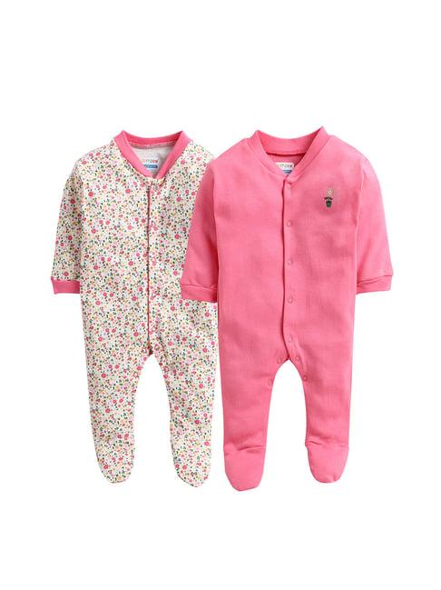 bumzee kids pink & off-white printed sleepsuits (pack of 2)