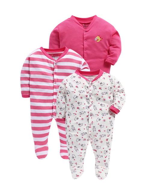 bumzee kids pink cotton printed sleepsuits - pack of 3