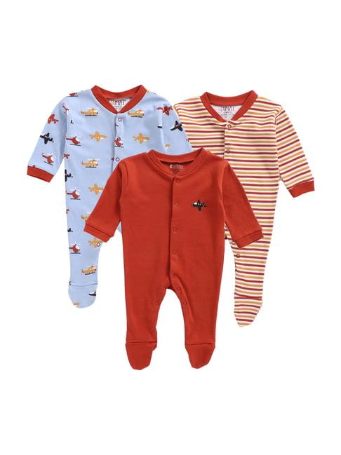 bumzee kids red & blue cotton printed rompers - pack of 3