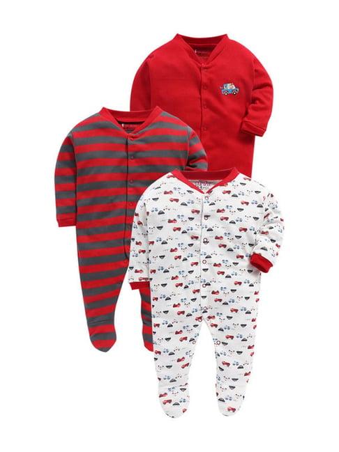 bumzee kids red & white cotton printed sleepsuits - pack of 3